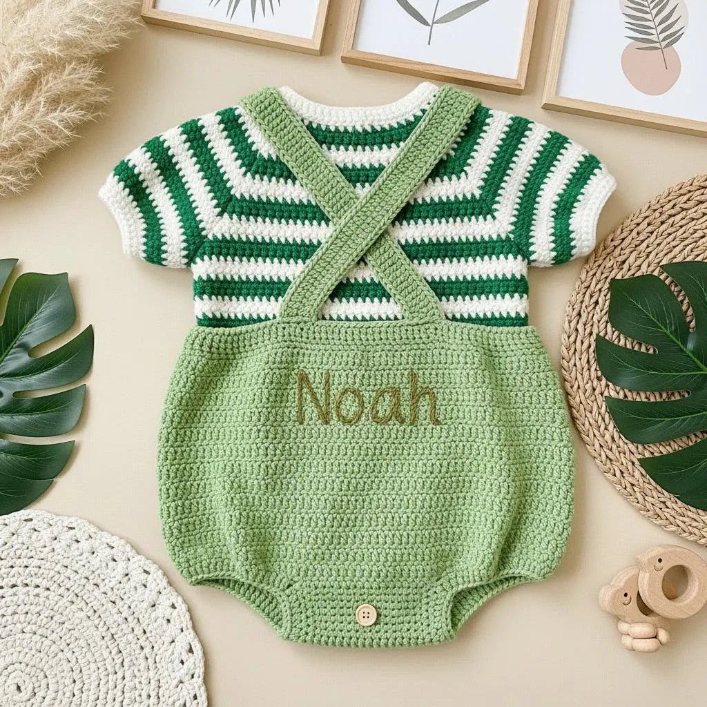 Crochet Elephant Baby Outfit, Handmade Green Romper and Striped Shirt, Newborn Photo Prop, Coming Home Outfit, Baby Shower Gift