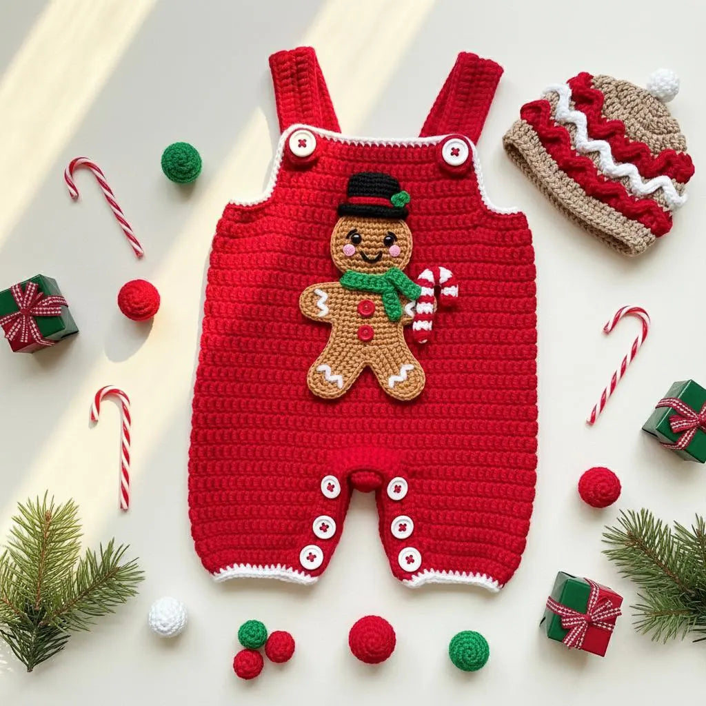 Crochet Baby Christmas Outfit, Gingerbread Baby Romper and Hat Set, Newborn Photo Prop, First Christmas Gift