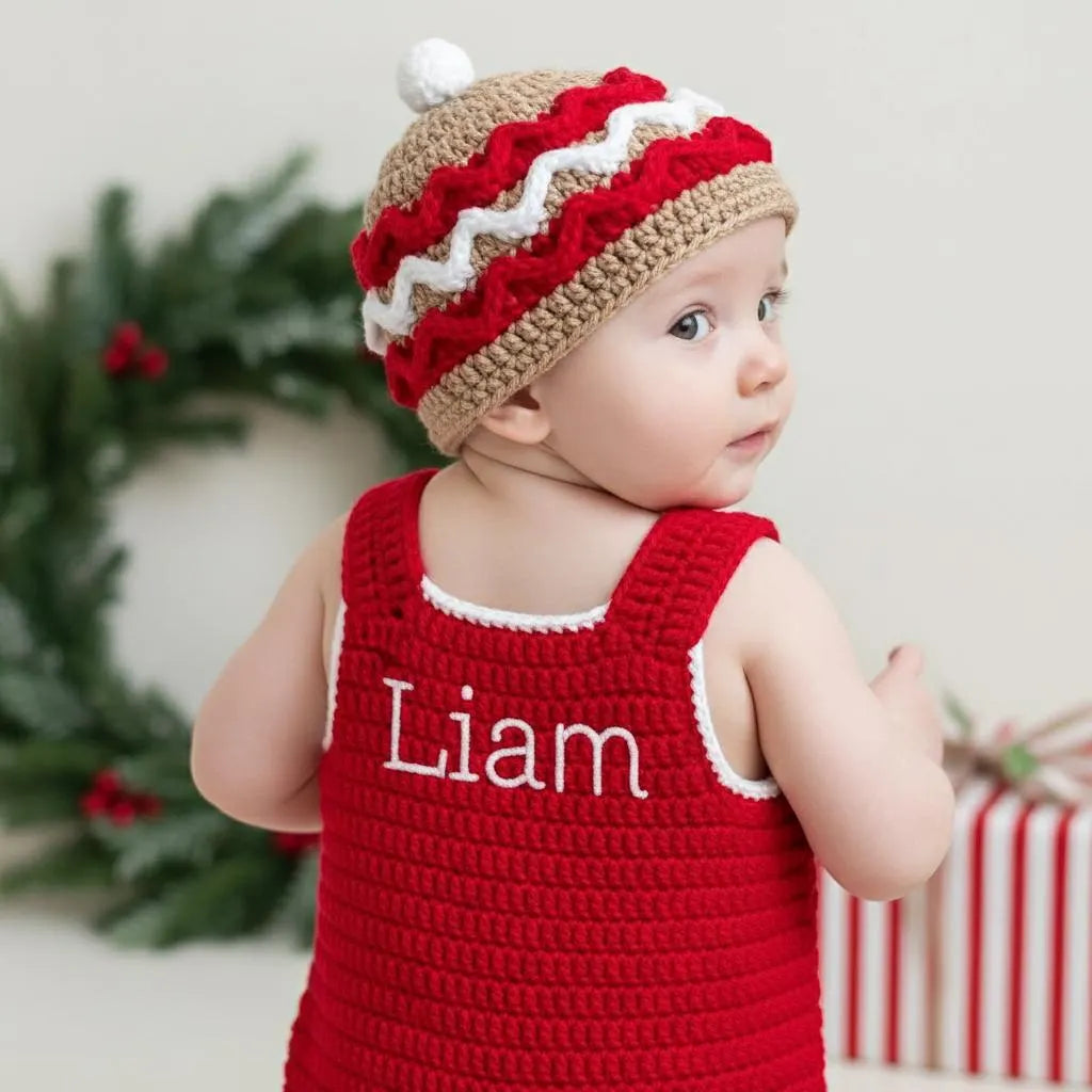 Crochet Baby Christmas Outfit, Gingerbread Baby Romper and Hat Set, Newborn Photo Prop, First Christmas Gift