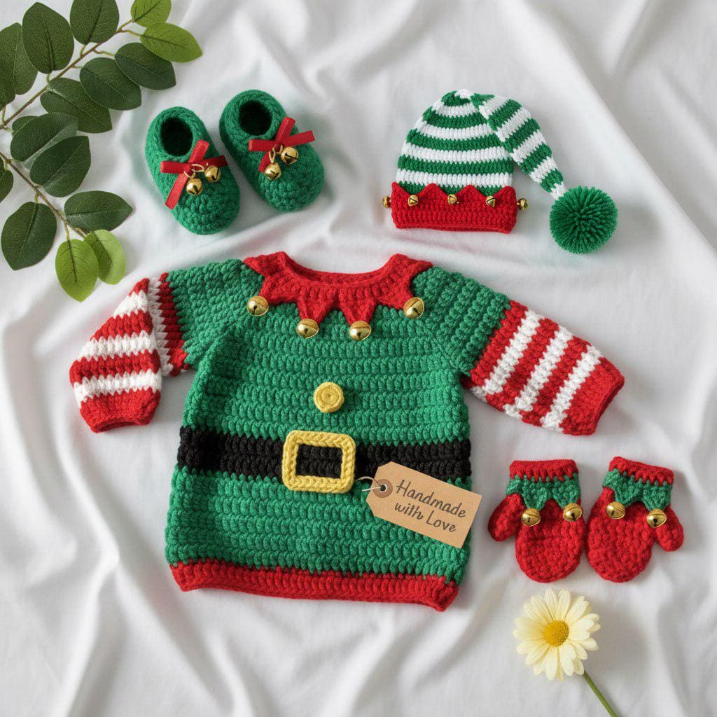 Crochet Baby Elf Outfit, Christmas Sweater Hat Booties and Mittens Set, Newborn Photo Prop, First Christmas Costume, Holiday Gift