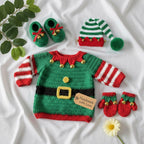 Crochet Baby Elf Outfit, Christmas Sweater Hat Booties and Mittens Set, Newborn Photo Prop, First Christmas Costume, Holiday Gift