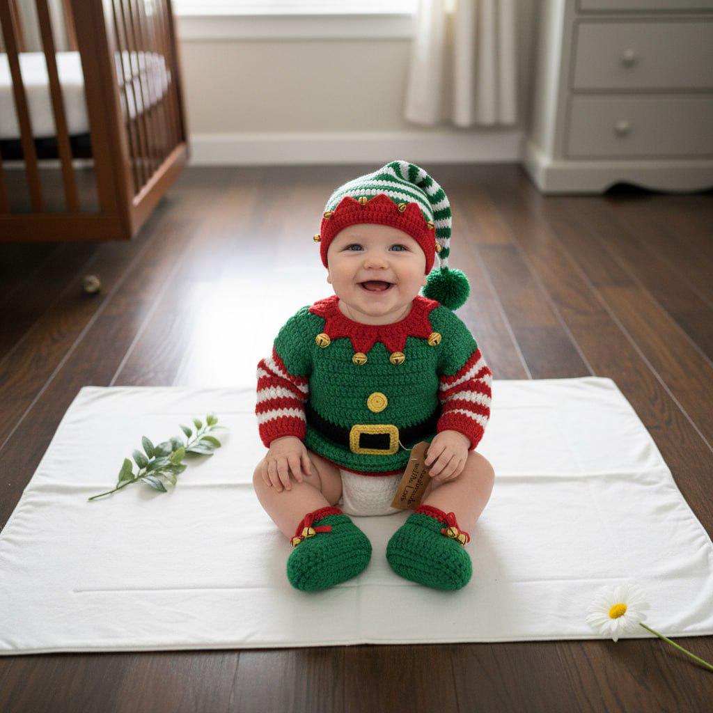 Crochet Baby Elf Outfit, Christmas Sweater Hat Booties and Mittens Set, Newborn Photo Prop, First Christmas Costume, Holiday Gift