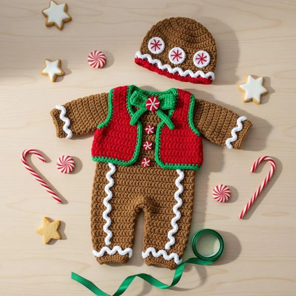 Crochet Gingerbread Baby Outfit, Christmas Romper Vest and Hat Set, Newborn Photo Prop, First Christmas Costume, Holiday Baby Gift