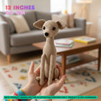 A small crocheted dog toy held in a person's hands, with a blurred living room background and text overlays indicating its size as 12 inches / 30 cm.
