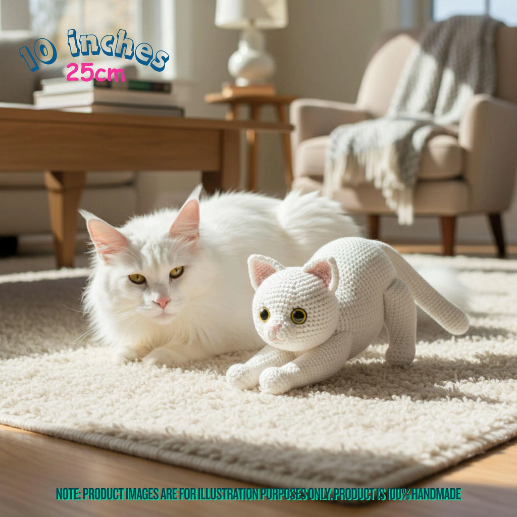 A white crocheted cat toy is shown on a light rug in a living room setting next to a real white cat. The image includes text overlays indicating the size '10 inches 25cm' and a disclaimer at the bottom.