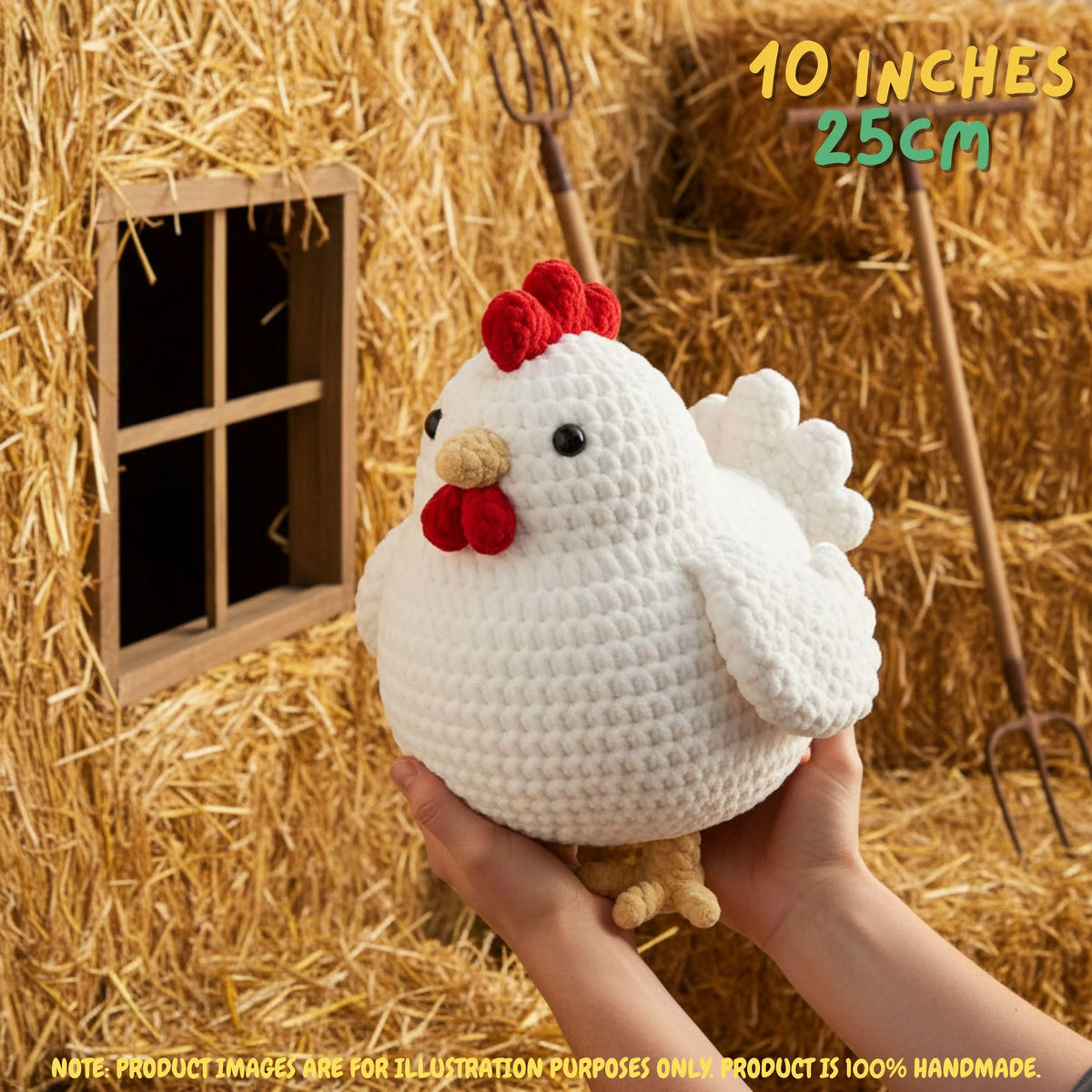 A crocheted white chicken plush toy with a red comb and wattle, held in two hands against a straw barn backdrop with hay tools and a small wooden coop. Text in the top right reads '10 INCHES 25CM'.