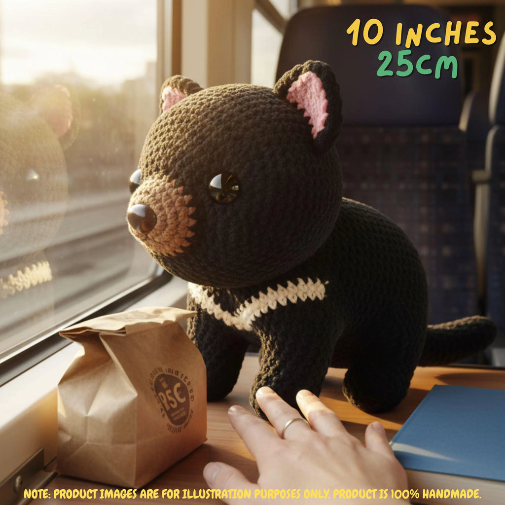 A crocheted black bear plush toy with pink inner ears and a cream stitched chest detail, shown on a train window seat with a hand reaching toward it. Text in the top right reads '10 INCHES 25CM', and a brown paper bag and blue notebook are nearby.