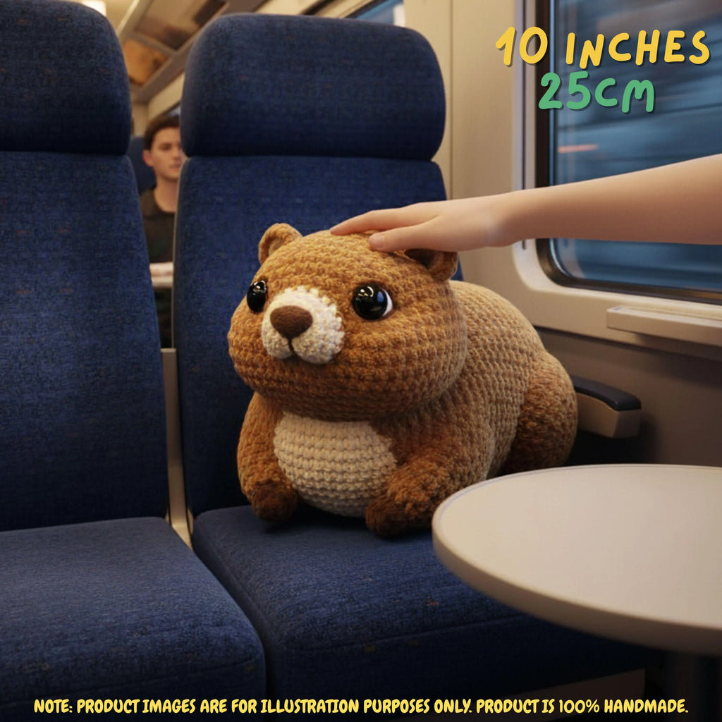 A crocheted brown and cream beaver plush toy sitting on a blue train seat, with a human hand stroking its head. Yellow text in the top right reads '10 INCHES 25CM', and a note at the bottom clarifies product images are for illustration purposes only.