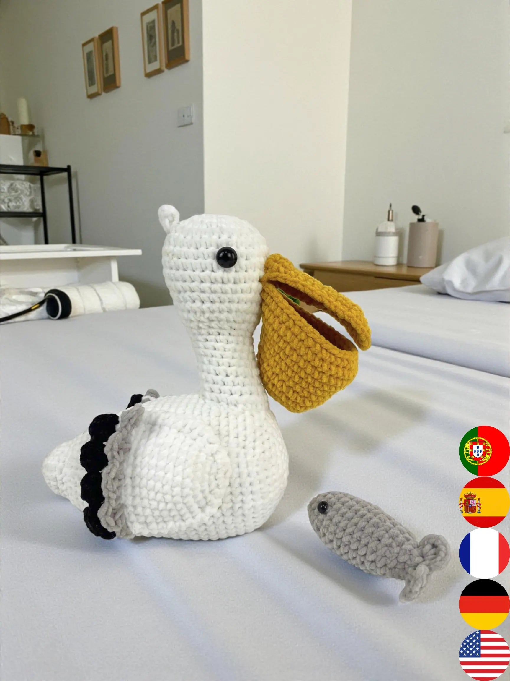 Amigurumi Pelican Crochet Pattern, Bird with Fish PDF Tutorial, 5 Languages Pattern PDF
