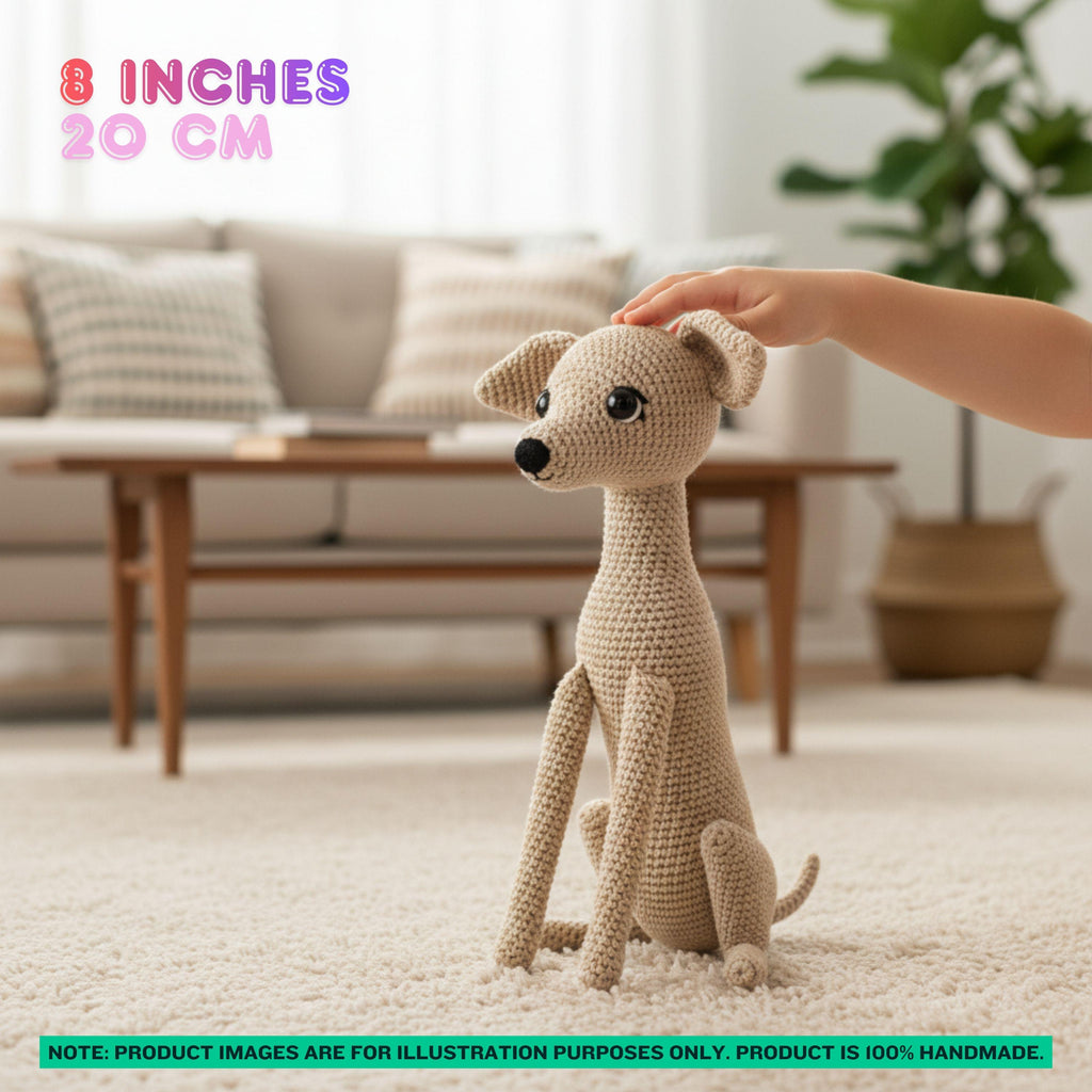 A crocheted dog plush toy in beige is shown in a living room setting with a human hand petting it. The image includes text overlays indicating the size is 8 inches (20 cm) and a note stating the product is 100% handmade.
