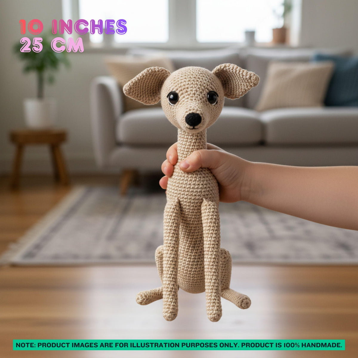 A crocheted dog plush toy held by a human hand in a living room setting, with text overlays indicating its size as 10 inches / 25 cm.