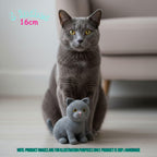 A gray cat sits on a light floor next to a small crocheted gray cat toy. The photo includes size text reading 3 inches 16cm and a note at the bottom stating product images are for illustration purposes only.