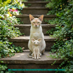 A cream-colored cat sits on stone garden steps next to a small handmade crochet doll. Green foliage surrounds the stone staircase, and text overlays indicate the cat is 6 inches (15 cm) long and mention the product is a handmade crochet doll.