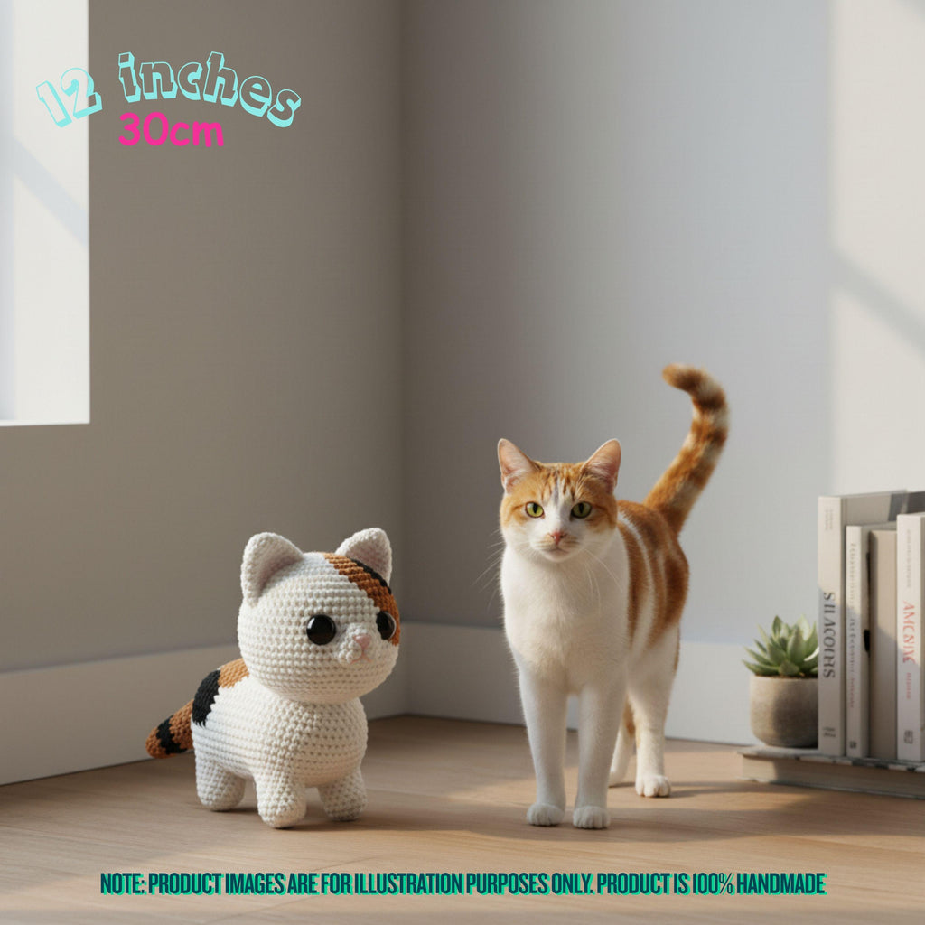 A crocheted cat toy sits on a wooden floor next to a real orange-and-white cat in a sunlit room corner, with text noting the toy is 12 inches (30 cm) and a disclaimer that the product image is for illustration purposes only.