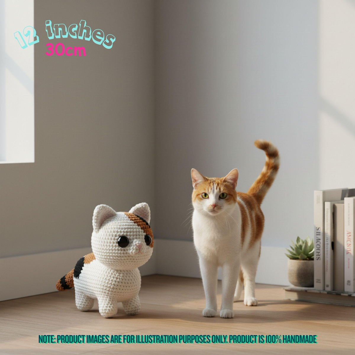 A crocheted cat toy sits on a wooden floor next to a real orange-and-white cat in a sunlit room corner, with text noting the toy is 12 inches (30 cm) and a disclaimer that the product image is for illustration purposes only.