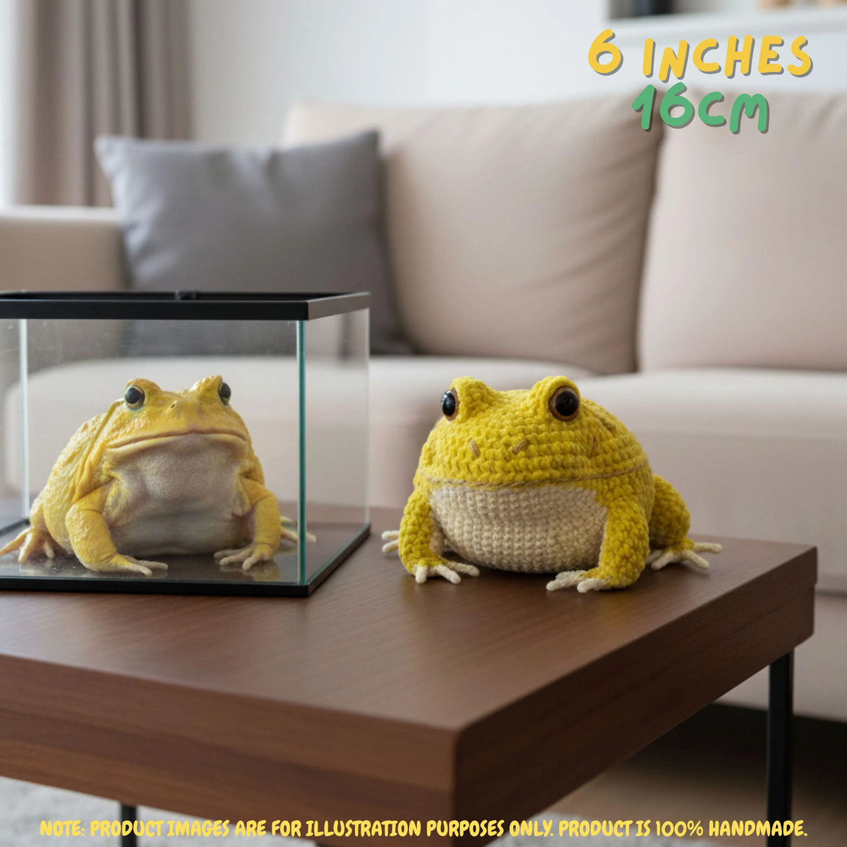 A yellow crocheted frog toy sits on a wooden table in a living room setting next to a small clear display case containing a real frog, with text overlays indicating the size of 6 inches (16 cm).