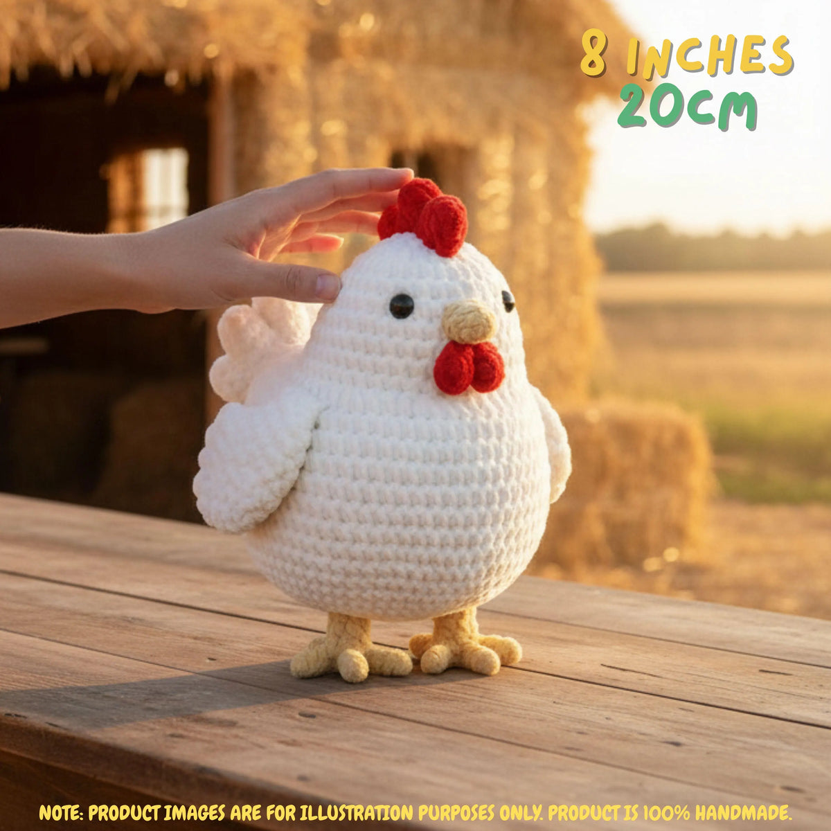 A crocheted white chicken toy with a red comb and wattle stands on a wooden table outdoors at sunset, with a human hand touching its head. Text in the top right says '8 INCHES 20CM' and a note at the bottom says product images are for illustration purposes only.