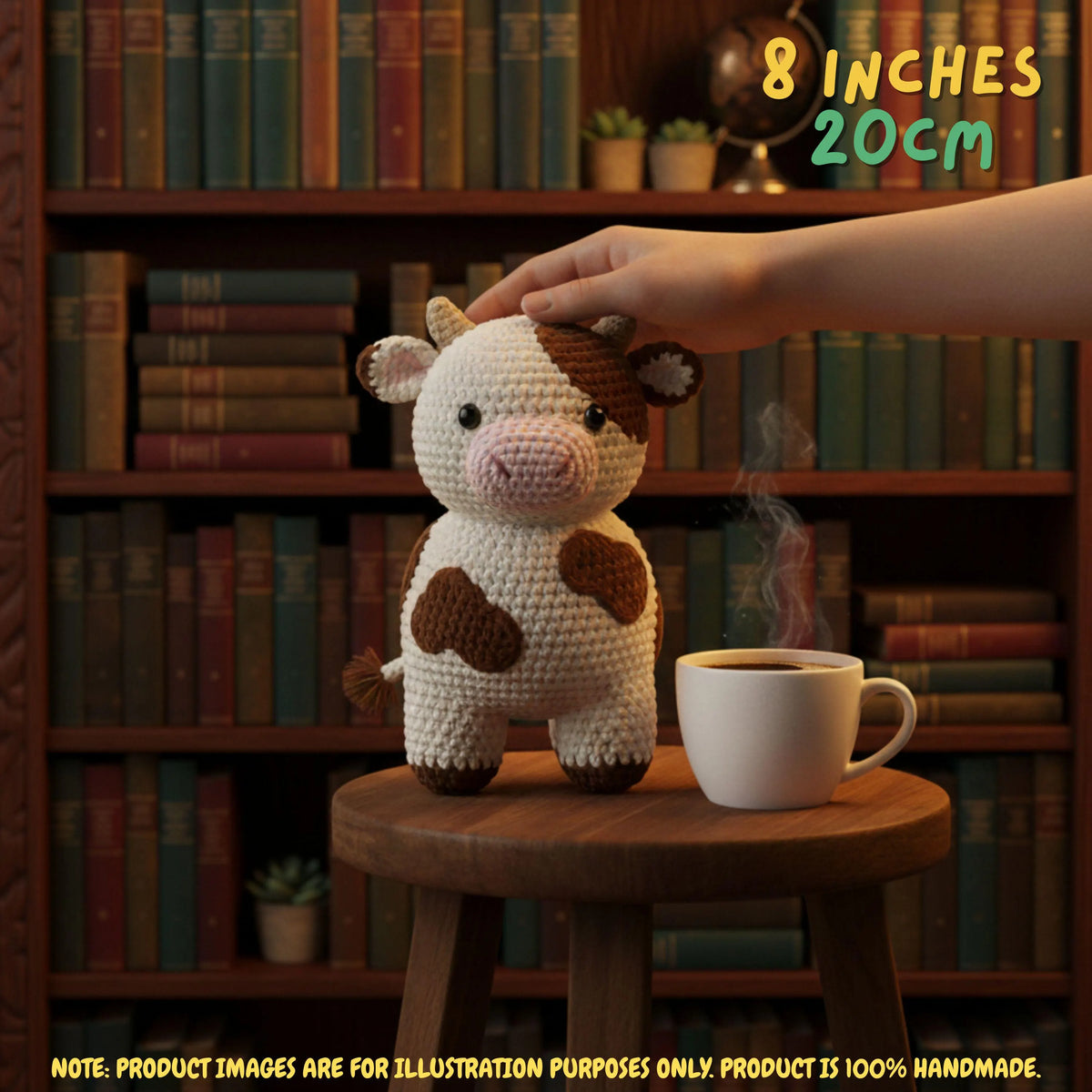Crocheted cow amigurumi toy sitting on a wooden stool next to a white coffee mug, with a human hand gently touching its head. The background is a cozy bookshelf filled with books, and text overlays indicate the size as 8 inches (20cm) with a note that product images are for illustration purposes only.