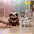 Handmade brown crochet sloth amigurumi doll sitting on the floor next to a white miniature toy piano with "8 INCHES / 20CM" text overlay.