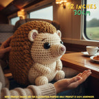 A crocheted hedgehog plush toy being held by a person inside a train carriage, with text overlays indicating its size as 12 inches (30 cm) and a note that the product image is for illustration purposes only.