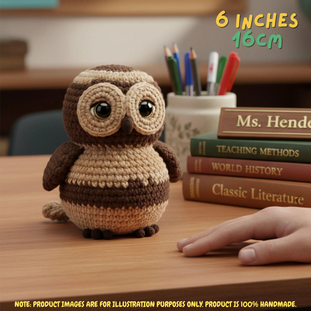 A crocheted owl toy sits on a wooden desk in a classroom-like setting, with books, a cup of pencils, and a human hand nearby. Text in the top right says 6 inches / 15 cm, and a note at the bottom says product images are for illustration purposes only.