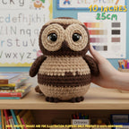A crocheted owl plush toy being held by a hand on a wooden shelf, with colorful school-themed wall decor and books in the background. Yellow text in the top right reads '10 INCHES 25CM'.