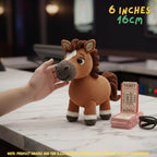 A crocheted toy horse in brown, cream, and dark brown is shown on a marble tabletop with a human hand touching its face. The background is a blurred indoor setting, and text overlays indicate the size as 6 inches (16 cm) and note that the product image is for illustration purposes only.