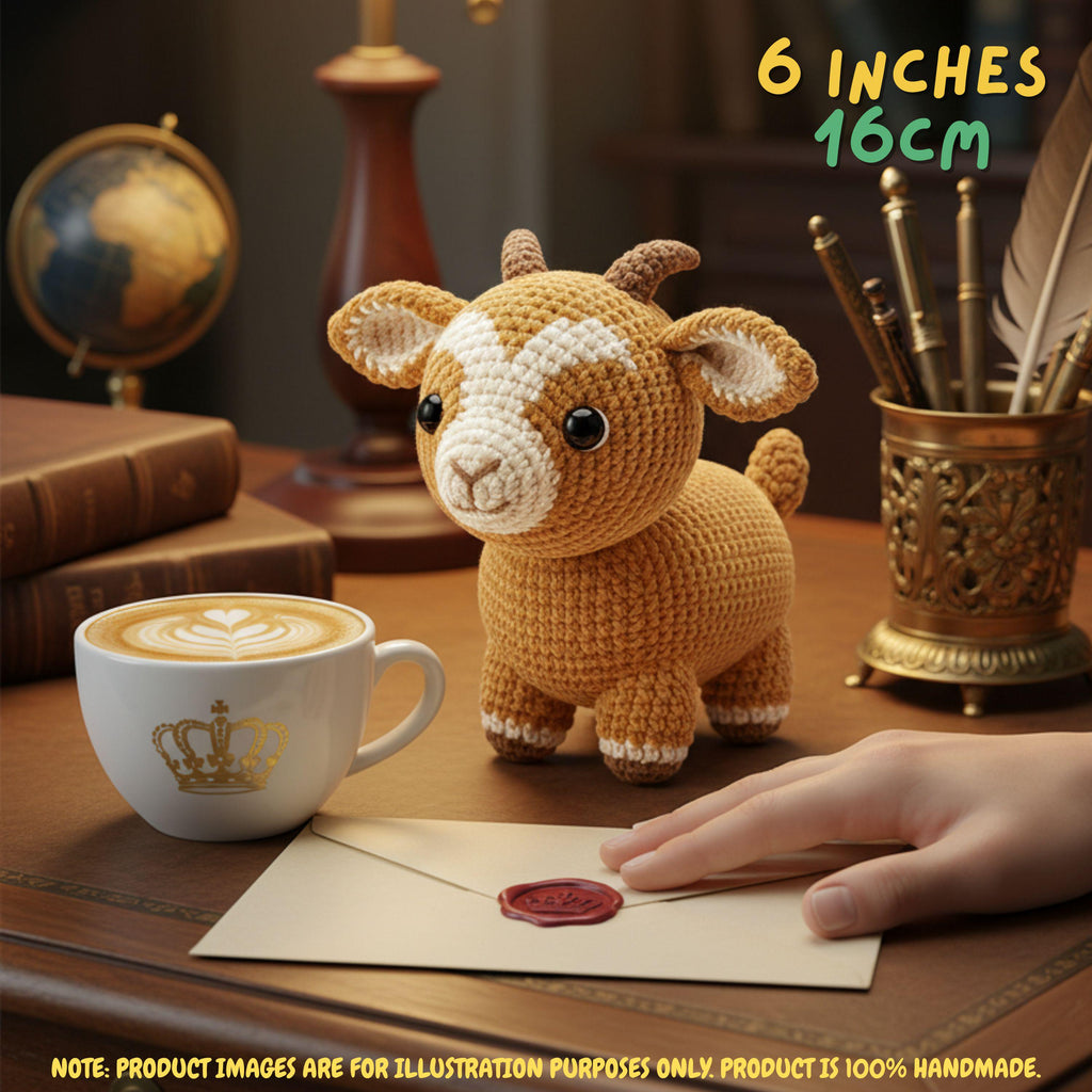 A crocheted plush goat toy sits on a wooden desk beside a cup of latte, an envelope with a red wax seal, and a hand reaching toward it. Text in the top right reads '6 INCHES 16CM', and a note at the bottom says the product images are for illustration purposes only because the product is 100% handmade.