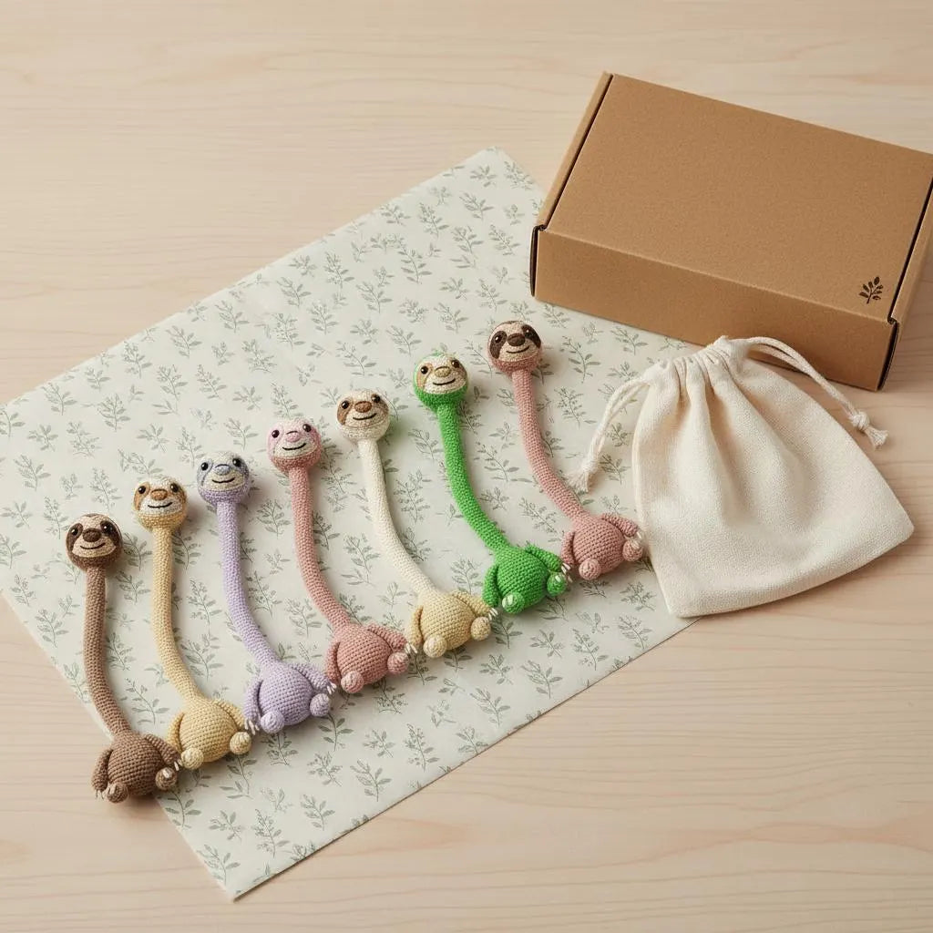 Collection of colorful long-neck handmade crochet sloth bag charms in brown, beige, purple, pink, and green lined up on a patterned cloth with a gift box and drawstring pouch.