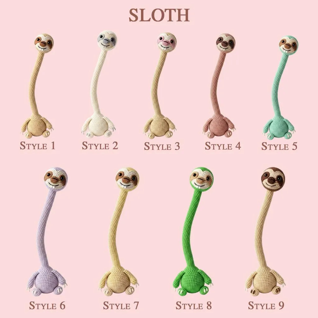 A product display sheet showing nine crocheted sloth-shaped neck massagers labeled Style 1 through Style 9 on a solid pink background, with the word 'SLOTH' at the top.