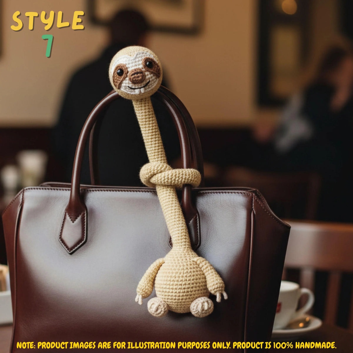 Handmade purple crochet long-neck sloth bag charm with "STYLE 6" text overlay wrapped around the handle of a matching purple tote bag.