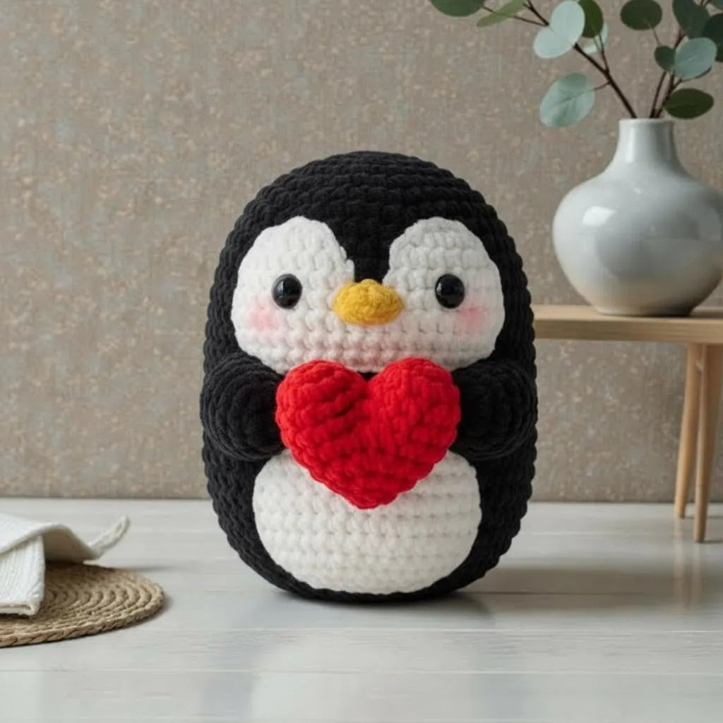 Valentine Penguin Crochet Pattern, Heart Amigurumi, 5 Languages Pattern PDF