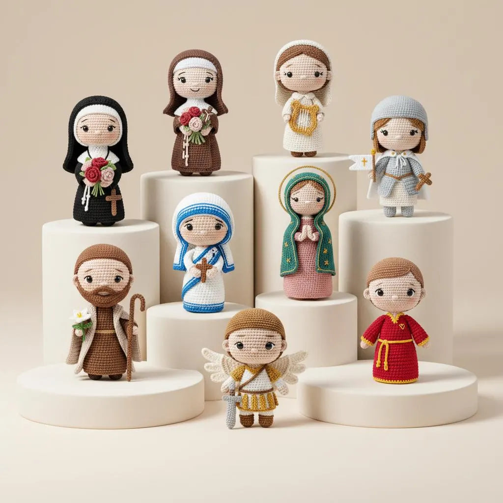 A collection of crocheted religious doll figurines displayed on white cylindrical pedestals against a warm beige background. The dolls represent various saints and angels, each with distinct colorful garments and accessories.