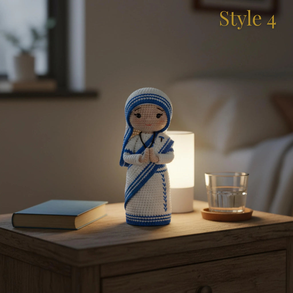 A crocheted female figurine styled on a wooden bedside table next to a lit white lamp, a glass cup, and a book, in a softly blurred bedroom setting. The figurine is white with blue stripes and a black face, and the text 'Style 4' appears in the top right corner.