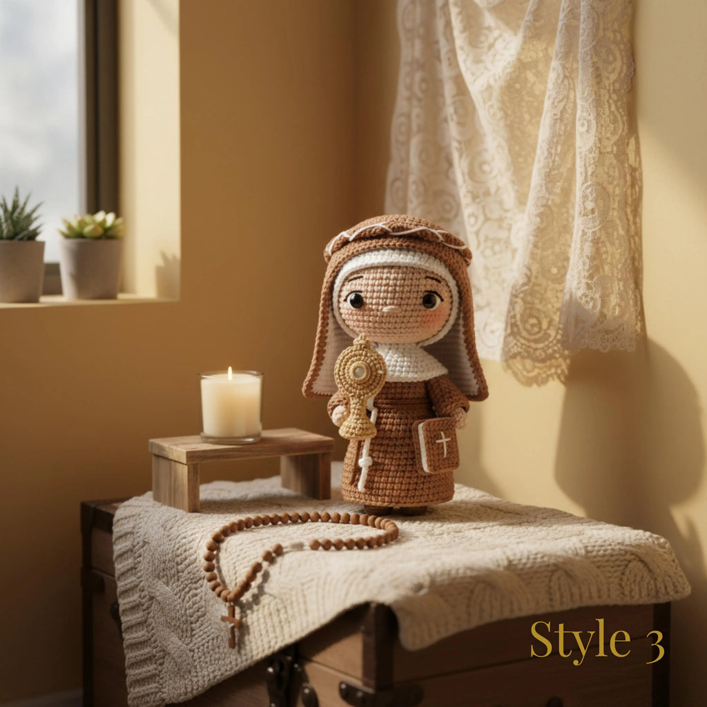 A crocheted doll dressed as a nun stands on a draped table in a warm, sunlit room with lace curtains, a candle, and a rosary nearby. The image has a soft, styled interior setting and the text 'Style 3' appears in the lower right corner.