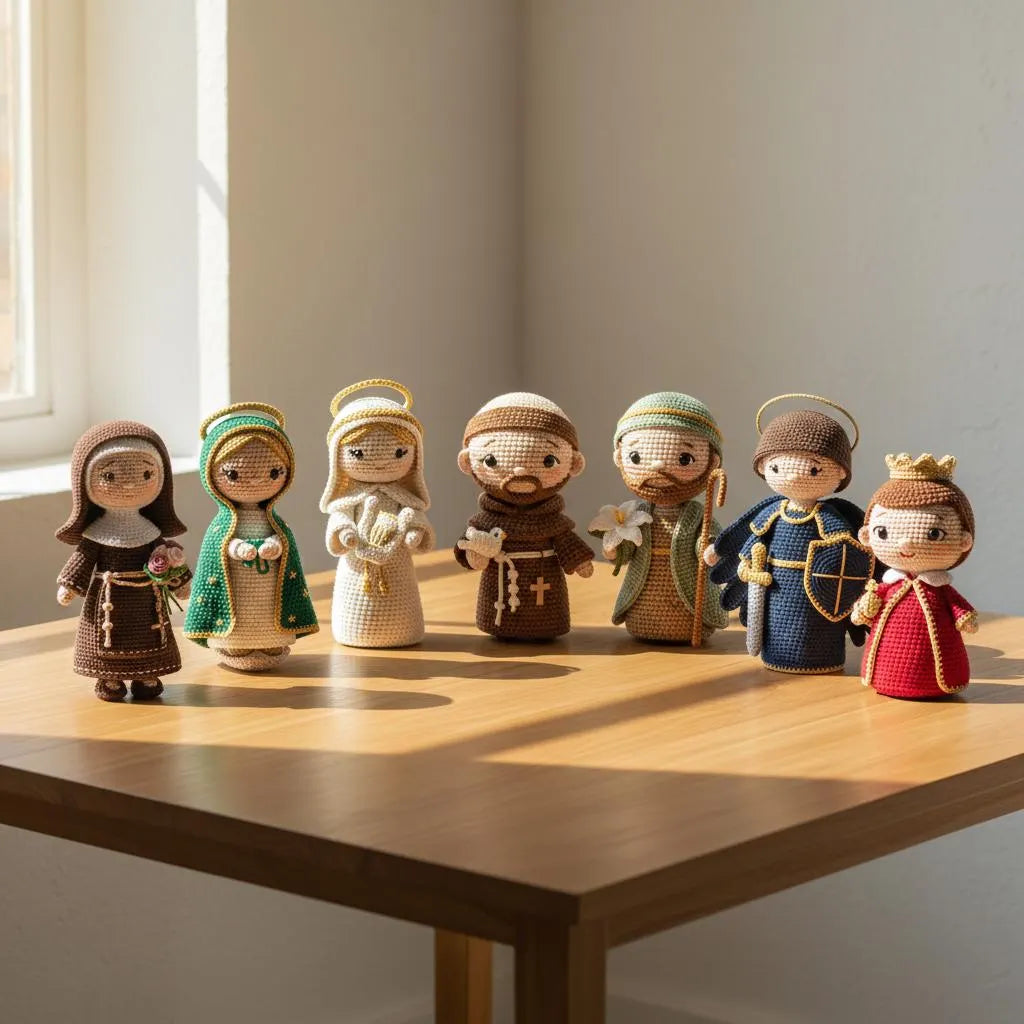 A set of seven crocheted doll figurines representing religious and historical characters, arranged on a wooden table in warm, natural sunlight.