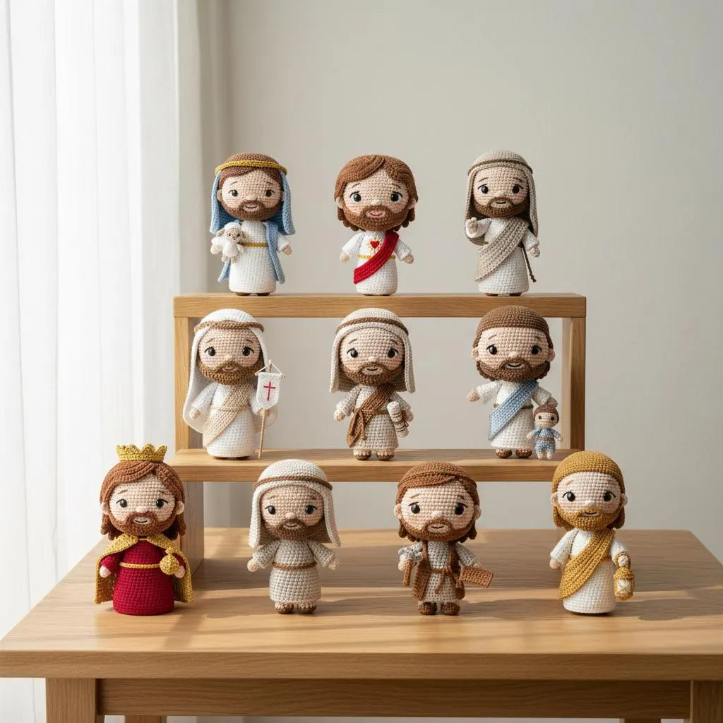 Nine crocheted Jesus figurines in various robes and crowns, displayed on a wooden table and shelf against a light neutral background.