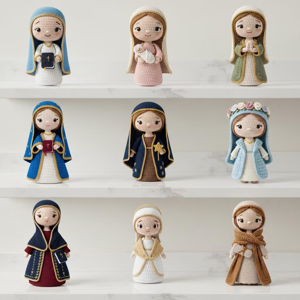 Nine crocheted doll figurines arranged on white shelves against a light background. The dolls are dressed in various colored robes, including blue, pink, green, navy, gold, and brown, and each has a large embroidered face.