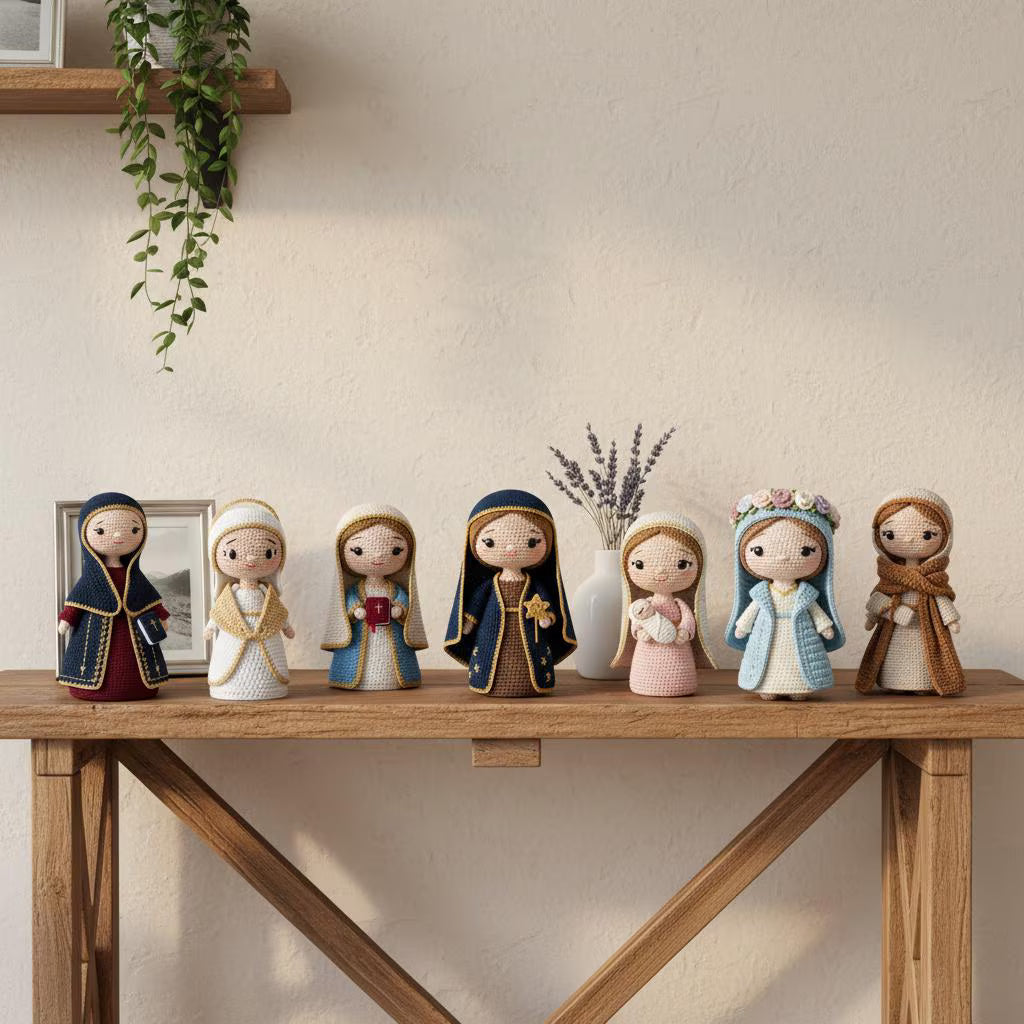 A row of seven small doll-like figurines in varied robes stands on a wooden console table against a warm beige wall, with a hanging green plant and a vase of lavender in the background.