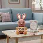 A crocheted bunny doll sits on a light wood coffee table in a living room setting, holding a sign that says 'LOVE YOU ALWAYS'. A 'Happy Mother's Day' card, a book, and a mug are placed beside it.