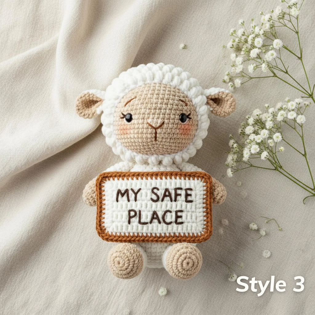 A crocheted plush lamb holding a sign that reads 'MY SAFE PLACE,' styled on soft beige fabric with small white flowers and the text 'Style 3' in the corner.