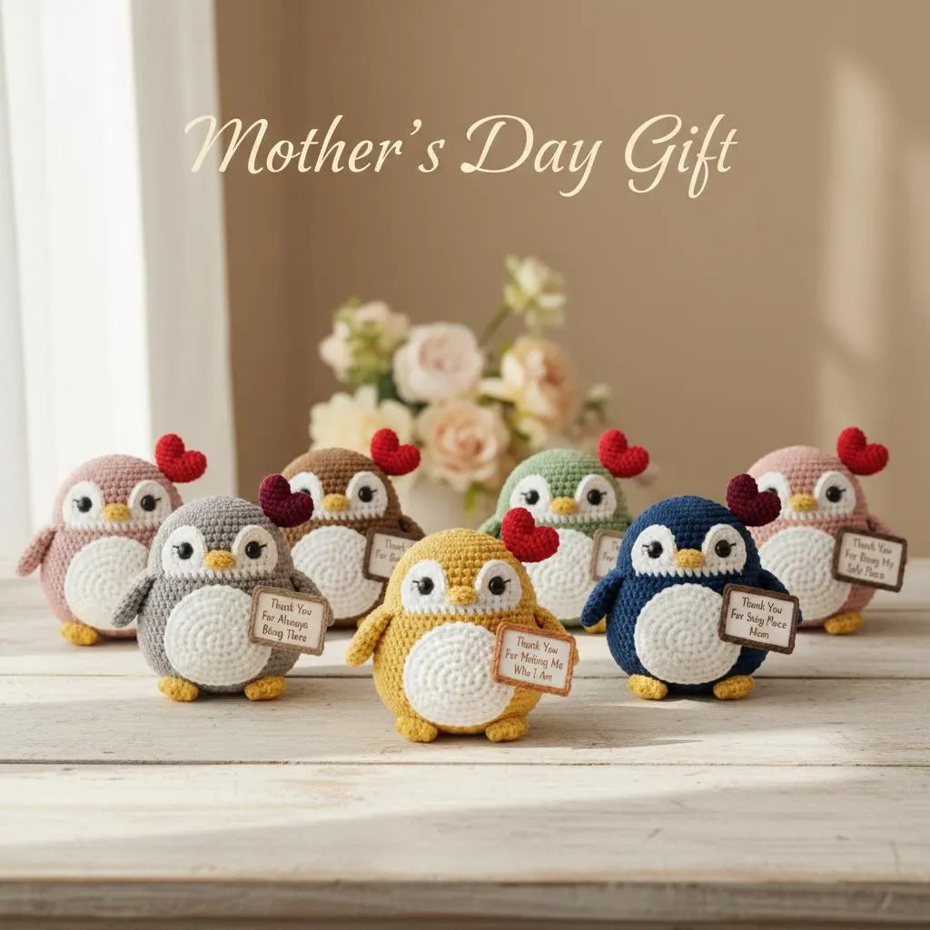 Six crocheted penguin toys in different colors are arranged on a light wooden surface with a soft beige background and a blurred floral arrangement behind them. The text 'Mother's Day Gift' appears at the top.