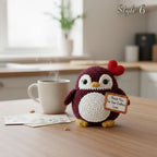 A crocheted penguin toy sits on a wooden table next to a steaming mug, with a small sign that reads 'Thank You For Your Endless Love'. The penguin is made of dark plum and white yarn, with yellow feet and beak, and a red heart on its head.