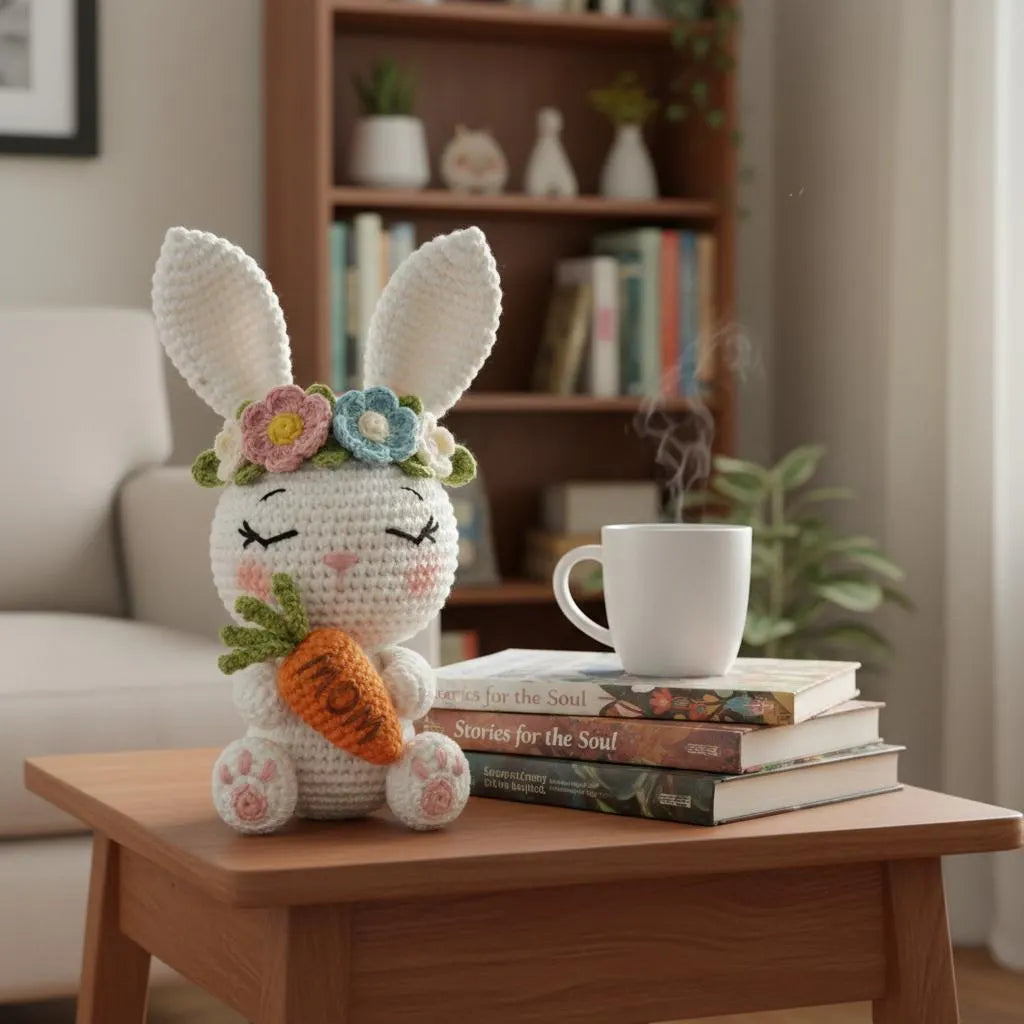 A crocheted white bunny plush holding an orange carrot sits on a wooden table in a cozy living room setting, next to a stack of books and a white mug with steam.