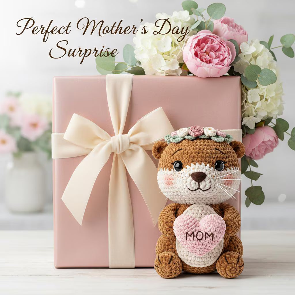 A pink gift box tied with a cream ribbon sits on a light surface, styled with a crocheted brown bear toy holding a pink heart that says “MOM,” surrounded by pink and white flowers. The words “Perfect Mother’s Day Surprise” appear at the top.