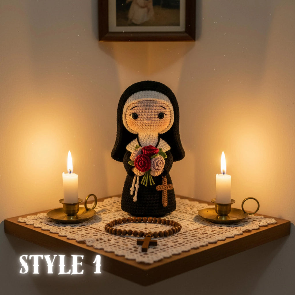 A crocheted nun figurine stands on a wooden shelf with two lit candles, a rosary, and a lace runner. The scene is warmly lit, and the text 'STYLE 1' appears in the lower left corner.