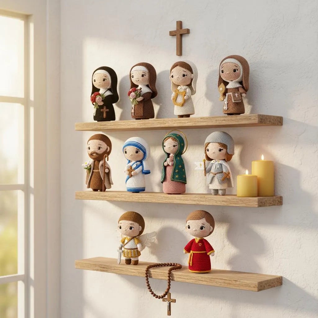 Three light wood floating shelves mounted on a white wall display a set of small religious figurines, including saints and a rosary, with two yellow candles and a wooden cross above.