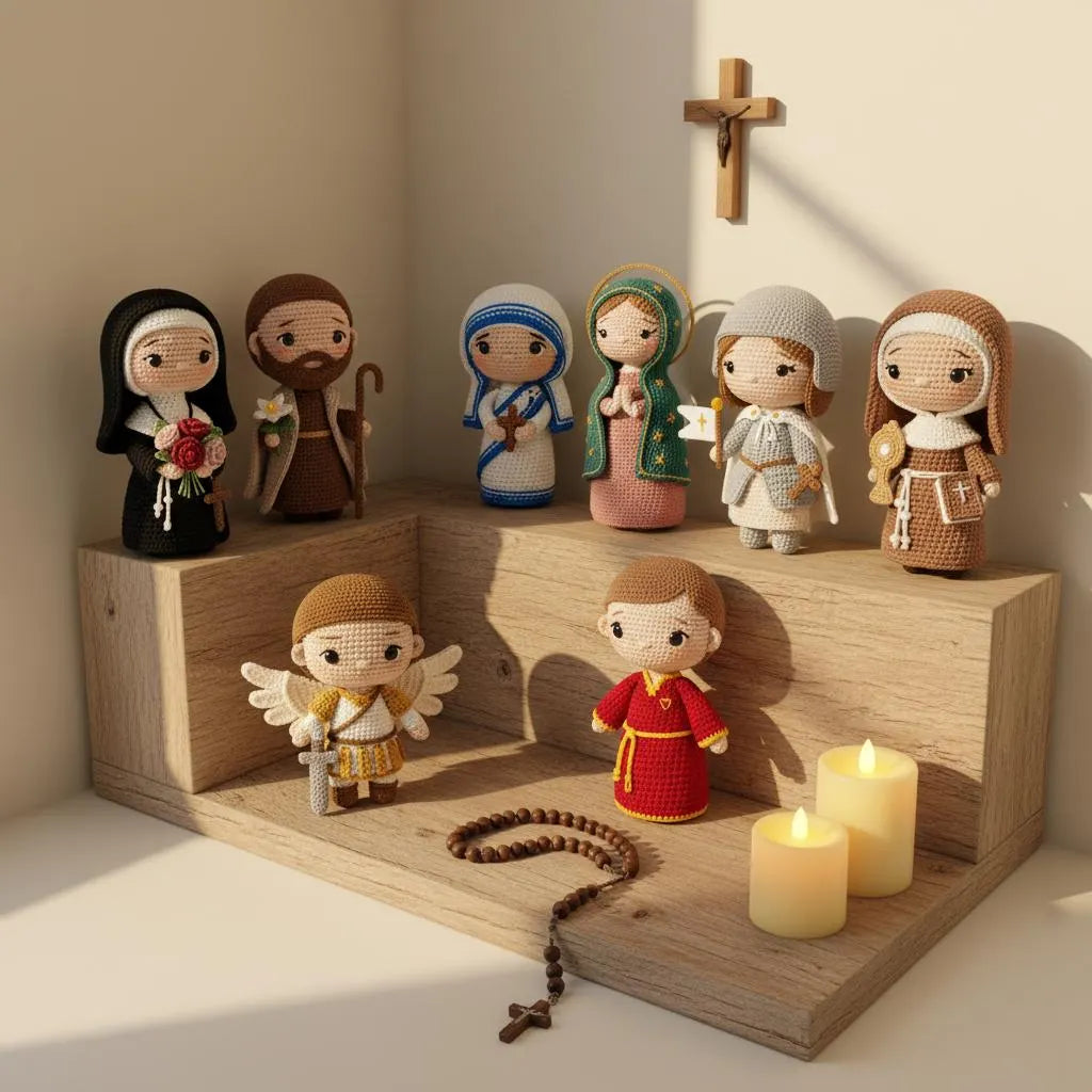 A set of crocheted religious figurines displayed on a wooden shelf with two lit candles and a wooden crucifix in the background. The figures include various saints, a nun, and angels, crafted in a soft, textured crochet style.