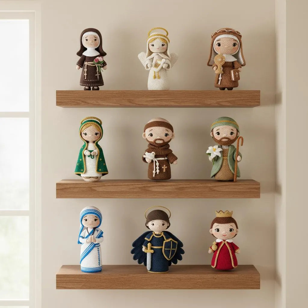Nine small fabric doll figures arranged on three wooden floating shelves against a warm beige wall, with a soft window light on the left side.