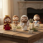 Three crocheted Jesus figurines in white robes with brown hair and beards, arranged on a wooden table with a rosary and a lit candle. The background is a softly blurred warm-toned interior.
